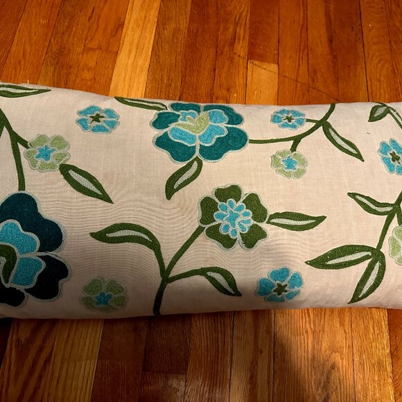 NEW Pier One Lumbar Embroidered floral blue and Green Pillow w/ tan background - Picture 2 of 11